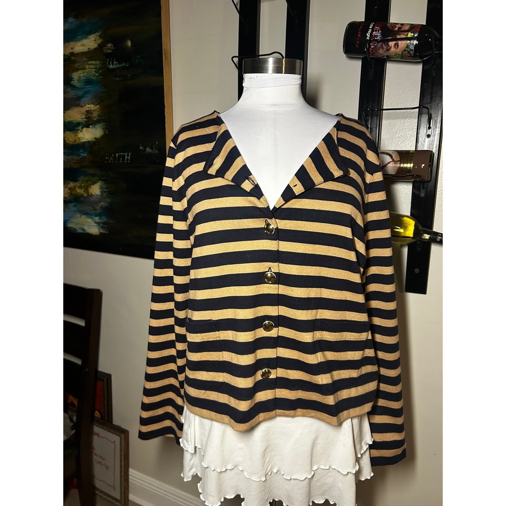 Talbots Womens L Striped Cotton Cardigan Navy Tan Gold Button Sweater ID2726